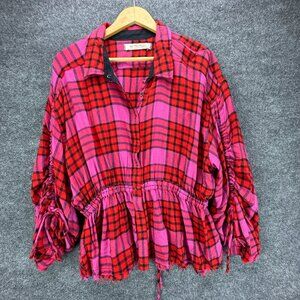 We the Free Shirt Womens Large Red Pink Plaid Snap‎ Button Up Raw Hem Wool Blend